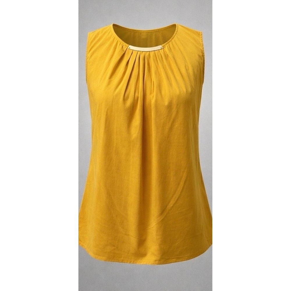 🍁Banana Republic Womens Mustard Yellow Pleated Gold Bar Sleeveless Blouse Small